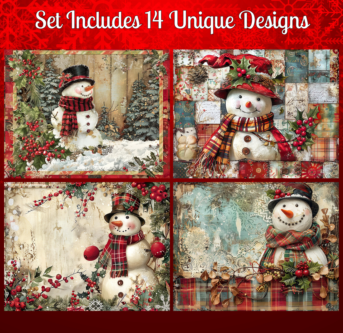 a set of four unique snowman designs, each with different decorations and styles.