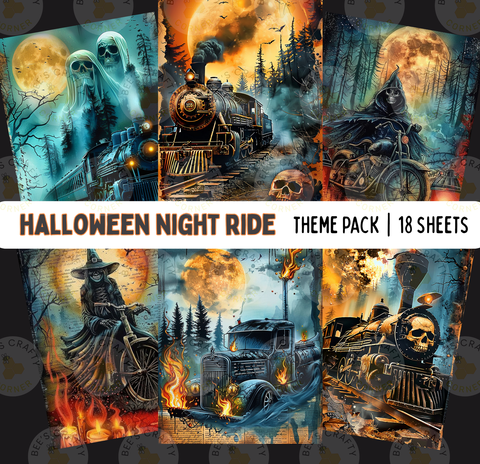 The image is a theme pack of Halloween night ride illustrations, containing 18 sheets of artwork depicting various spooky and eerie scenes, including ghostly figures, a train, a motorcycle, a skeleton, a witch, a skeleton, a skull, a train, a forest, a bonfire, and a full moon.