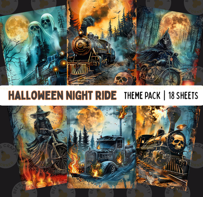 The image is a theme pack of Halloween night ride illustrations, containing 18 sheets of artwork depicting various spooky and eerie scenes, including ghostly figures, a train, a motorcycle, a skeleton, a witch, a skeleton, a skull, a train, a forest, a bonfire, and a full moon.