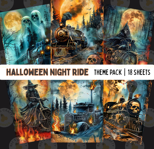 The image is a theme pack of Halloween night ride illustrations, containing 18 sheets of artwork depicting various spooky and eerie scenes, including ghostly figures, a train, a motorcycle, a skeleton, a witch, a skeleton, a skull, a train, a forest, a bonfire, and a full moon.