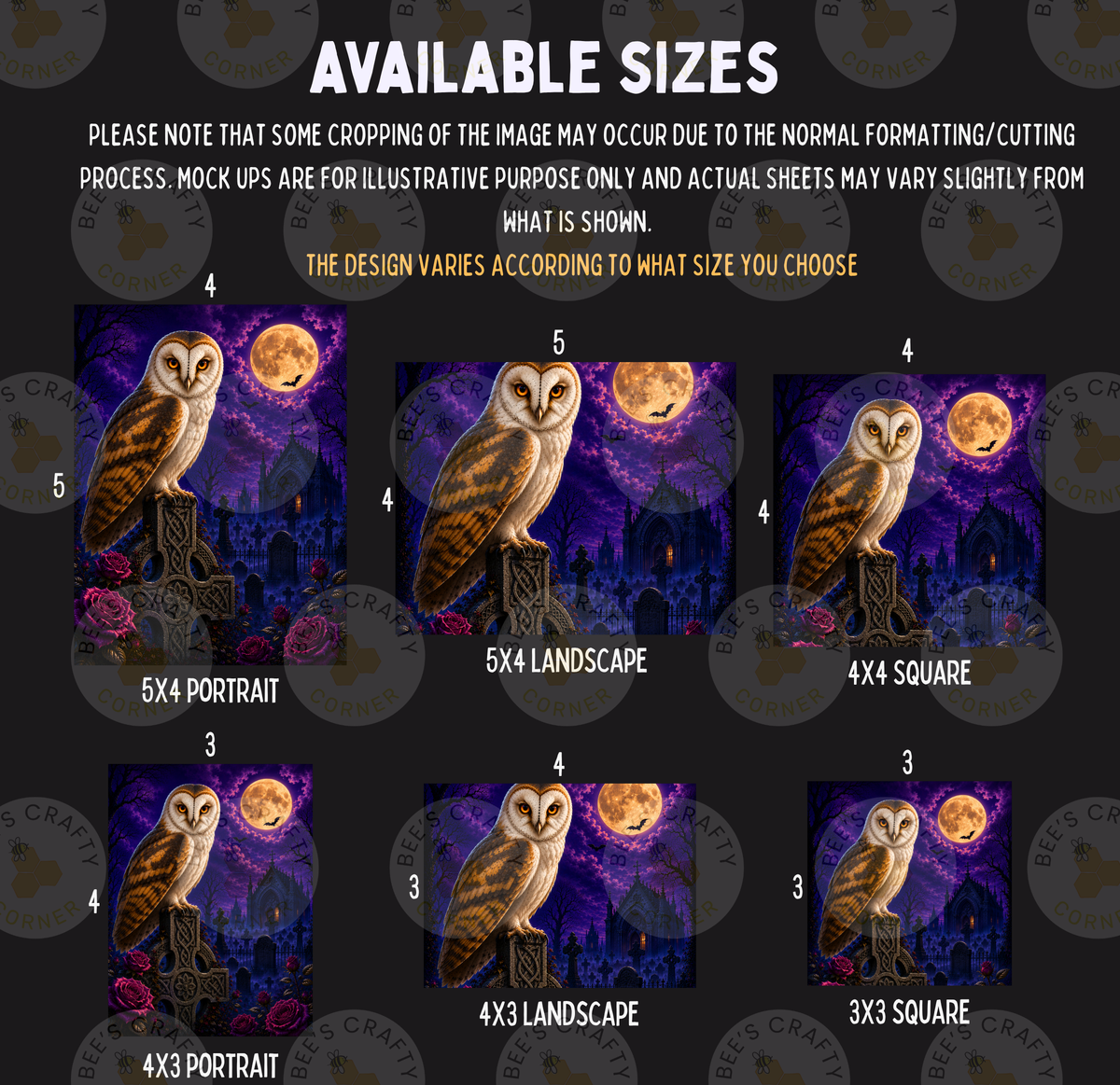 six different owl illustrations, each in a different size, ranging from 5x4 to 5x3. The owl illustrations are set against a night sky backdrop with a full moon and a castle. The sizes of the illustrations vary, with some being larger and others smaller, but they all share the same night sky and castle design.