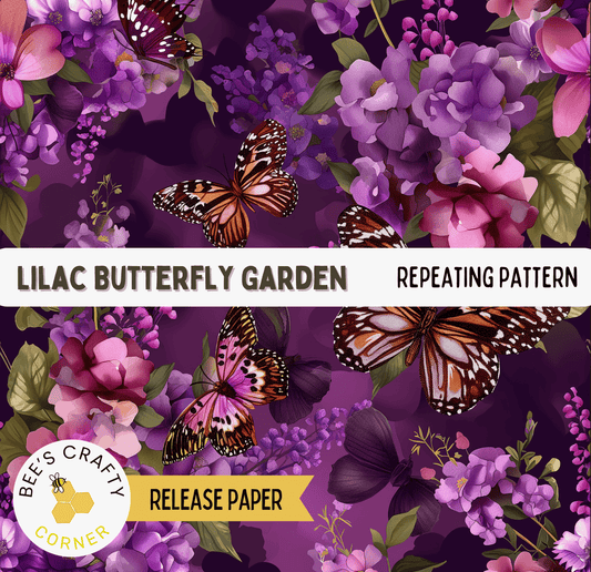 The image is a collage of various purple flowers and butterflies, including lilies and other blooms, arranged in a repeating pattern.