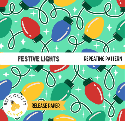 The image is a repeating pattern of festive lights, including red, green, yellow, and blue bulbs, against a green background with white stars.