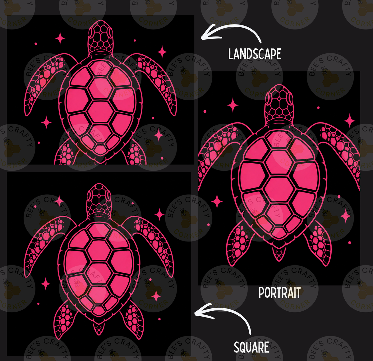 three different illustrations of a pink sea turtle, each with a unique style and composition. The turtle is depicted in landscape, portrait, and square formats, showcasing the versatility of the design.