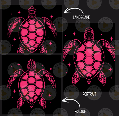 three different illustrations of a pink sea turtle, each with a unique style and composition. The turtle is depicted in landscape, portrait, and square formats, showcasing the versatility of the design.