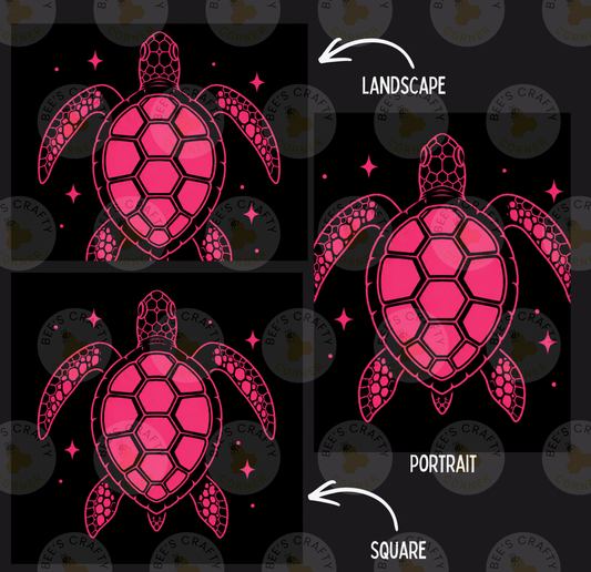 three different illustrations of a pink sea turtle, each with a unique style and composition. The turtle is depicted in landscape, portrait, and square formats, showcasing the versatility of the design.