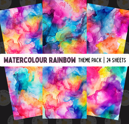 The image is a collage of 24 colorful abstract watercolor paintings, each featuring a vibrant rainbow-like pattern. The paintings display a variety of hues and textures, creating a visually striking and dynamic composition.