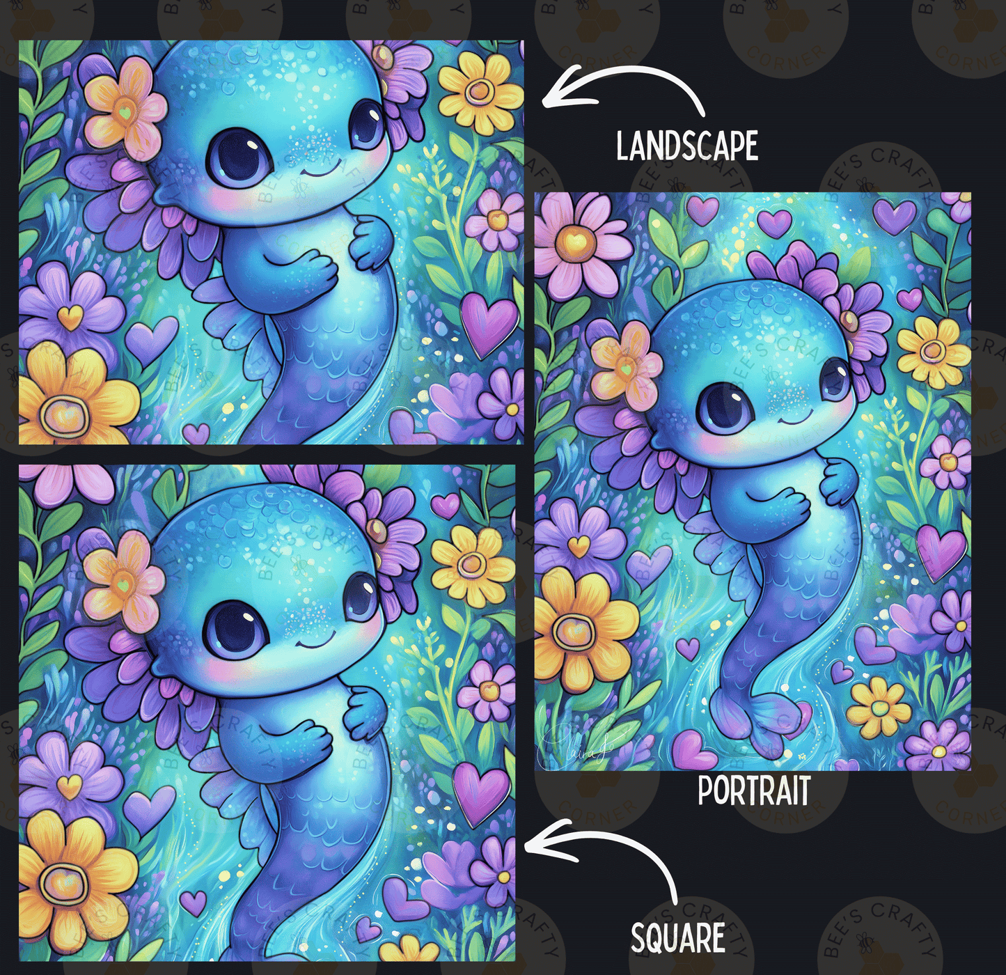The image is a collage of three pictures depicting a blue mermaid surrounded by colorful flowers and plants. The first picture shows the mermaid in a landscape setting, the second picture is a portrait of the mermaid, and the third picture is a square of the mermaid surrounded by flowers.