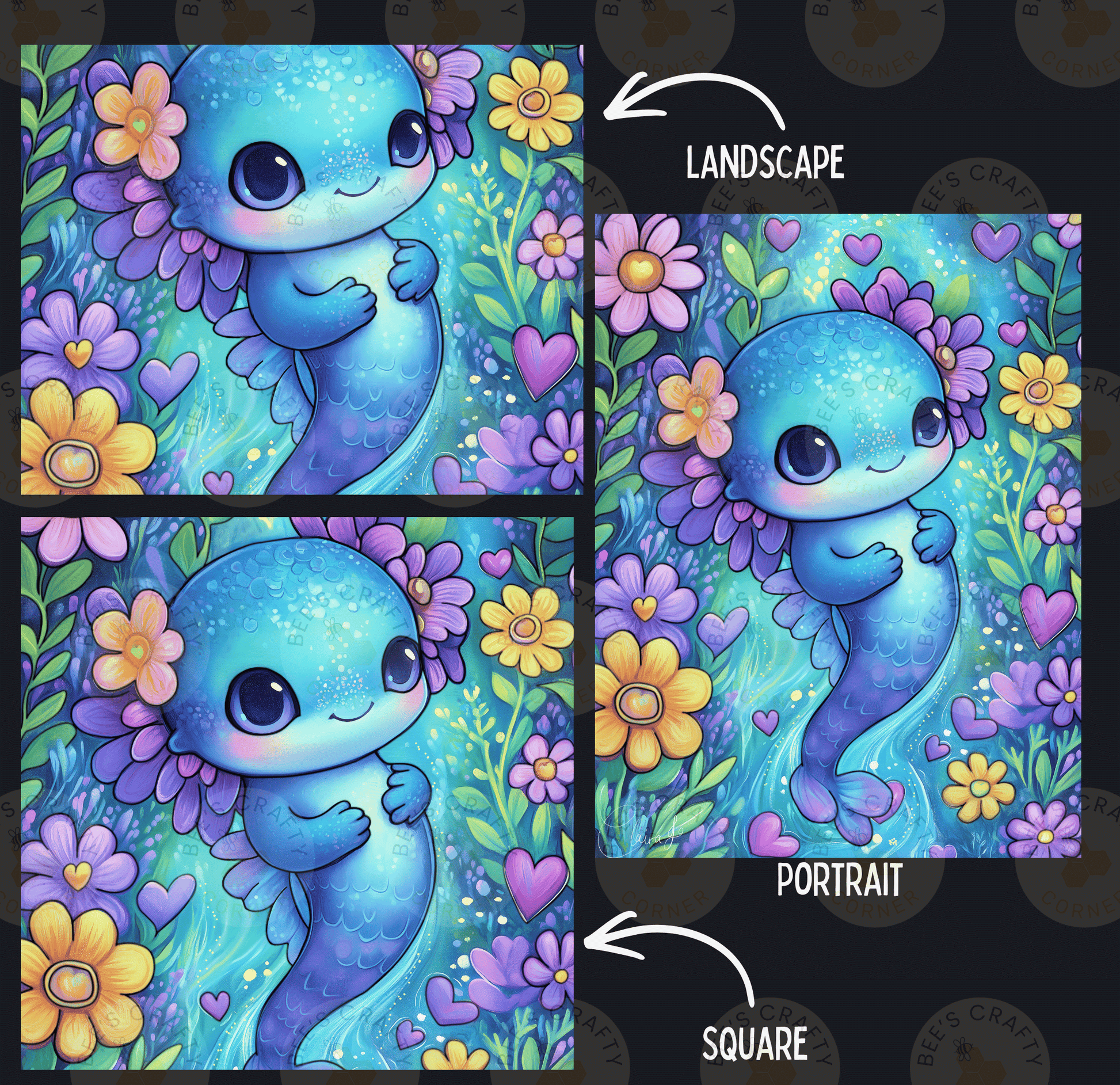 The image is a collage of three pictures depicting a blue mermaid surrounded by colorful flowers and plants. The first picture shows the mermaid in a landscape setting, the second picture is a portrait of the mermaid, and the third picture is a square of the mermaid surrounded by flowers.