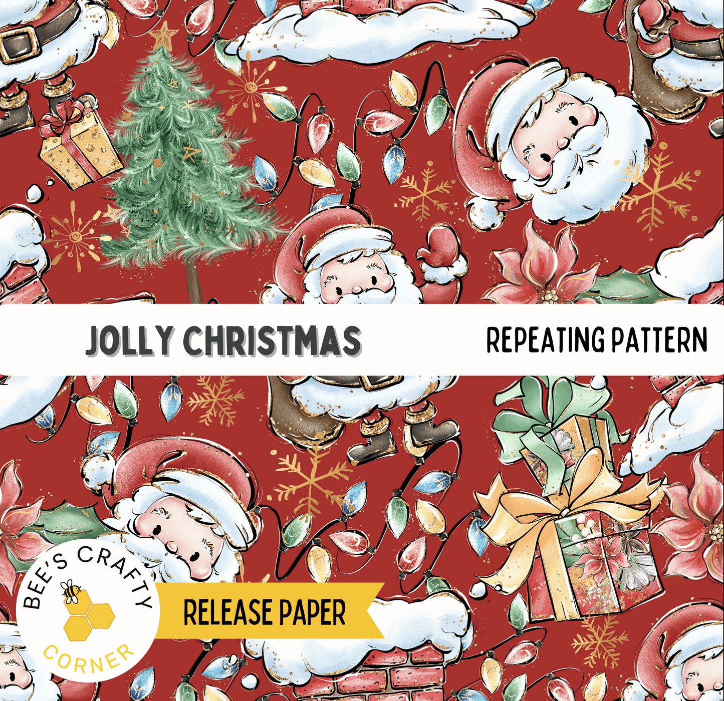 The image is a repeating pattern featuring various Christmas-themed elements such as Santa Claus, a Christmas tree, and gift boxes.