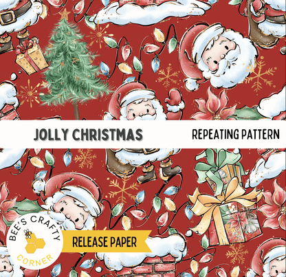 The image is a repeating pattern featuring various Christmas-themed elements such as Santa Claus, a Christmas tree, and gift boxes.
