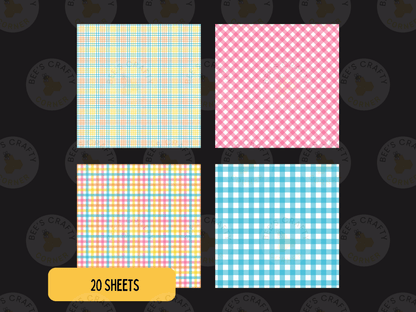 four square patterns with different color schemes and designs, including a yellow and blue plaid pattern, a pink and white checkered pattern, a blue and white checkered pattern, and a yellow and blue plaid pattern.