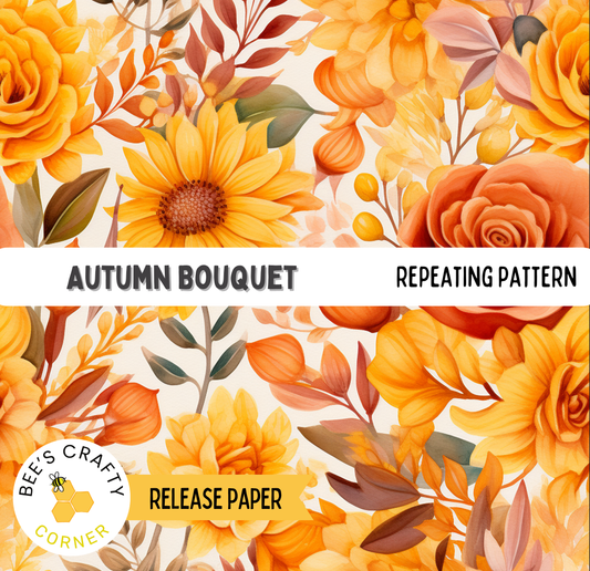 The image is a repeating pattern of various autumn flowers, including sunflowers, roses, and leaves, arranged in a visually appealing and vibrant design.