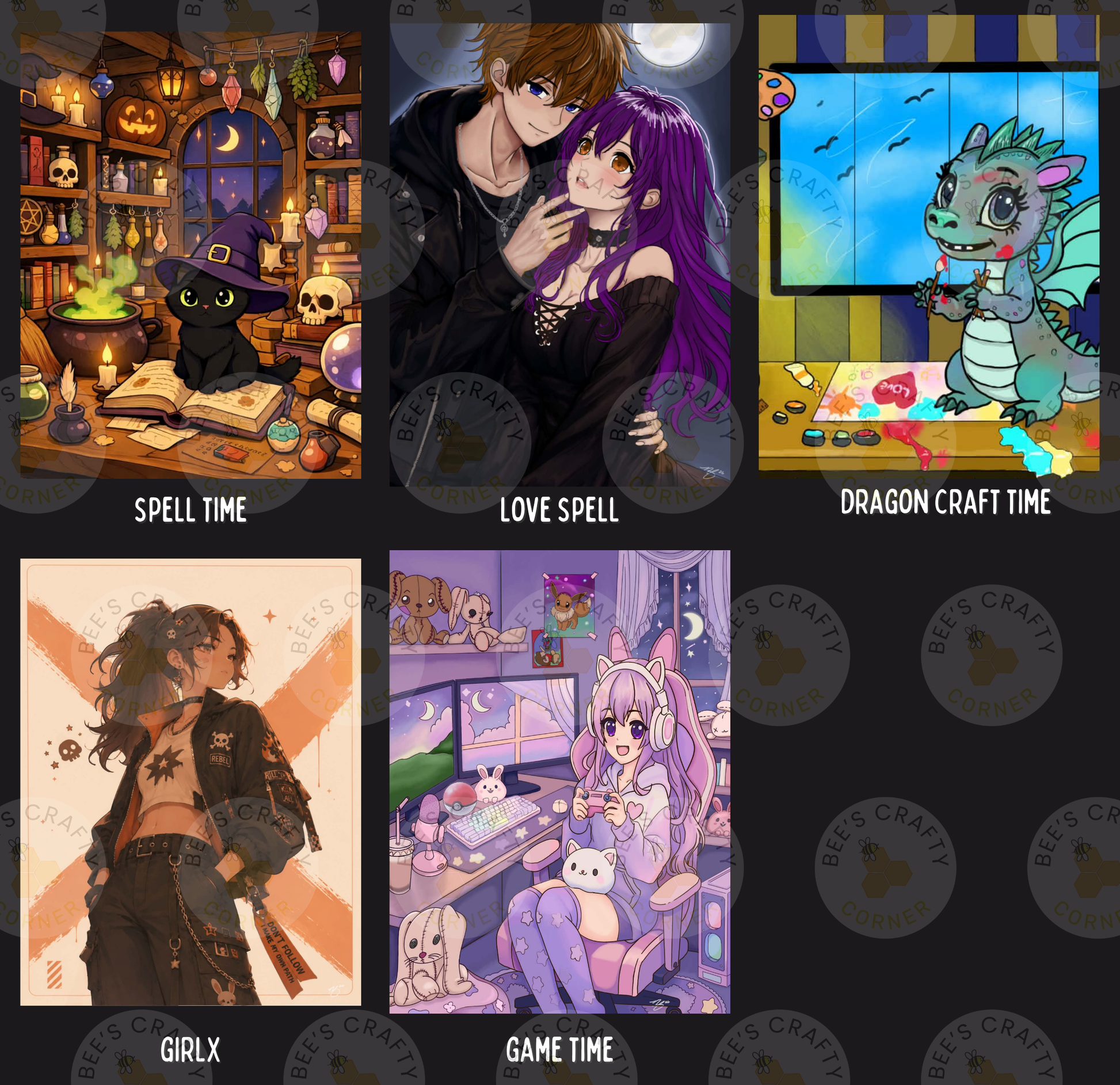 The image is a collage of six different illustrations, each depicting a different aspect of fantasy or magical themes. The illustrations include a witch, a couple, a dragon, a girl, a game, and a craft scene.