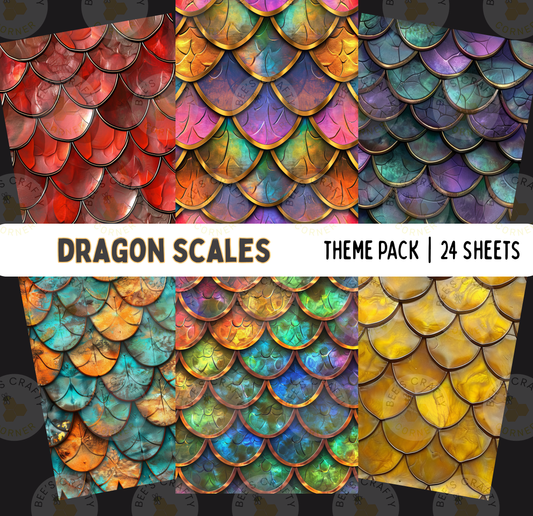 The image is a theme pack containing 24 dragon scales in various colors and patterns, including red, orange, yellow, green, blue, purple, and turquoise.