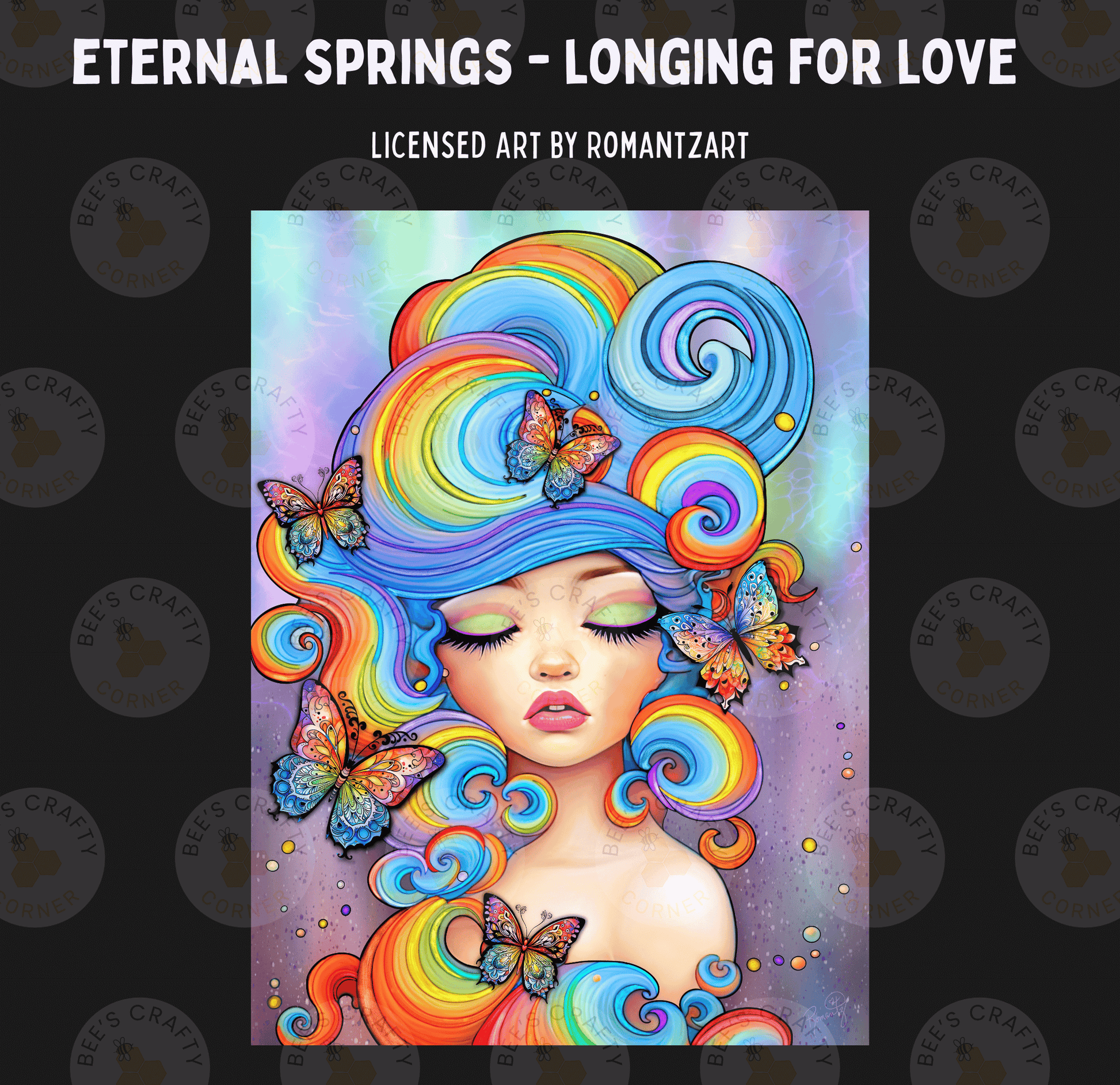 The image is a vibrant and colorful illustration featuring a woman with long, flowing hair and butterflies. The background is a gradient of purple and blue, creating a dreamy and whimsical atmosphere. The woman's face is the focal point, with her eyes closed and her lips slightly parted, giving the impression of a serene expression. The overall composition is visually striking and captivating.