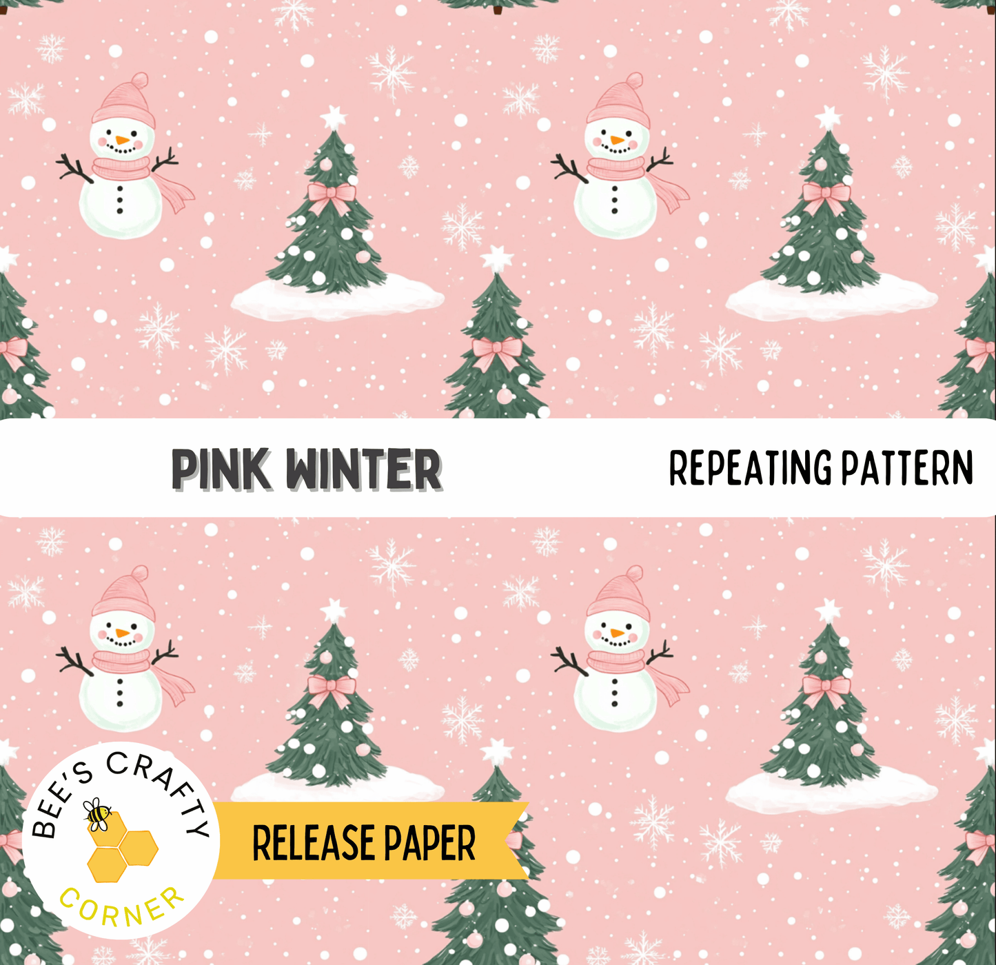 The image is a repeating pattern of pink snowmen and Christmas trees against a pink background with falling snowflakes.