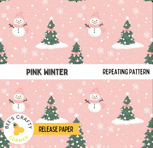 The image is a repeating pattern of pink snowmen and Christmas trees against a pink background with falling snowflakes.