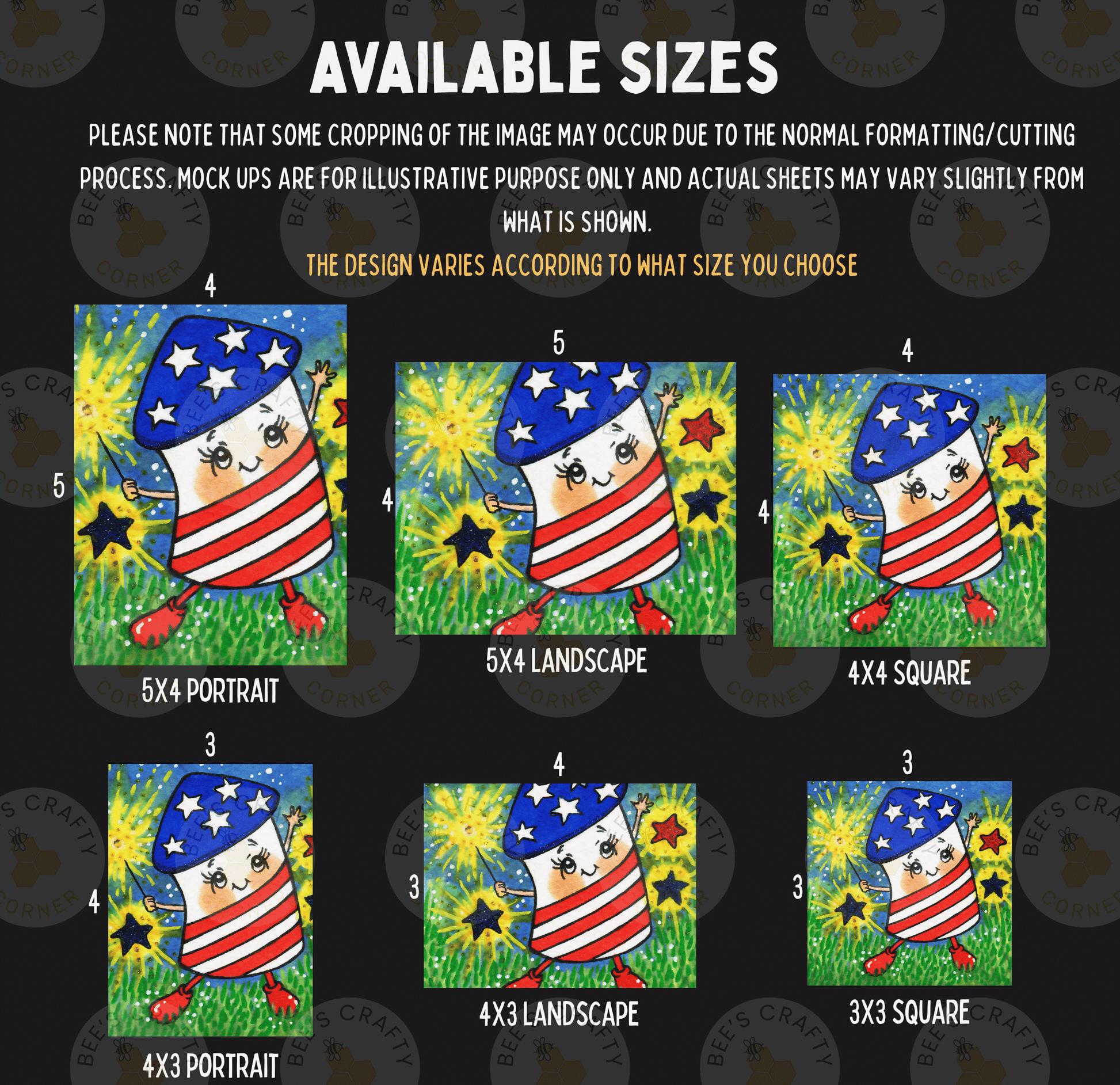 six different sizes of American flag-themed paintings, each depicting a cartoon character in a patriotic design.
