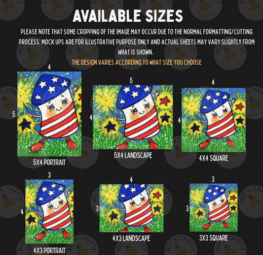 six different sizes of American flag-themed paintings, each depicting a cartoon character in a patriotic design.