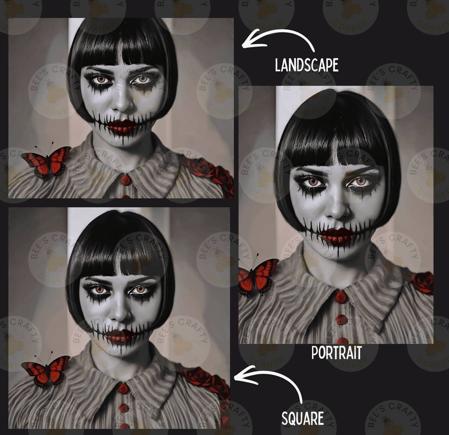 The image is a collage of three images depicting a person with a painted face, wearing a striped shirt with red flowers, and butterflies on their shoulders. The images are labeled as "LANCASTE", "PORTRAIT", and "SQUARE".