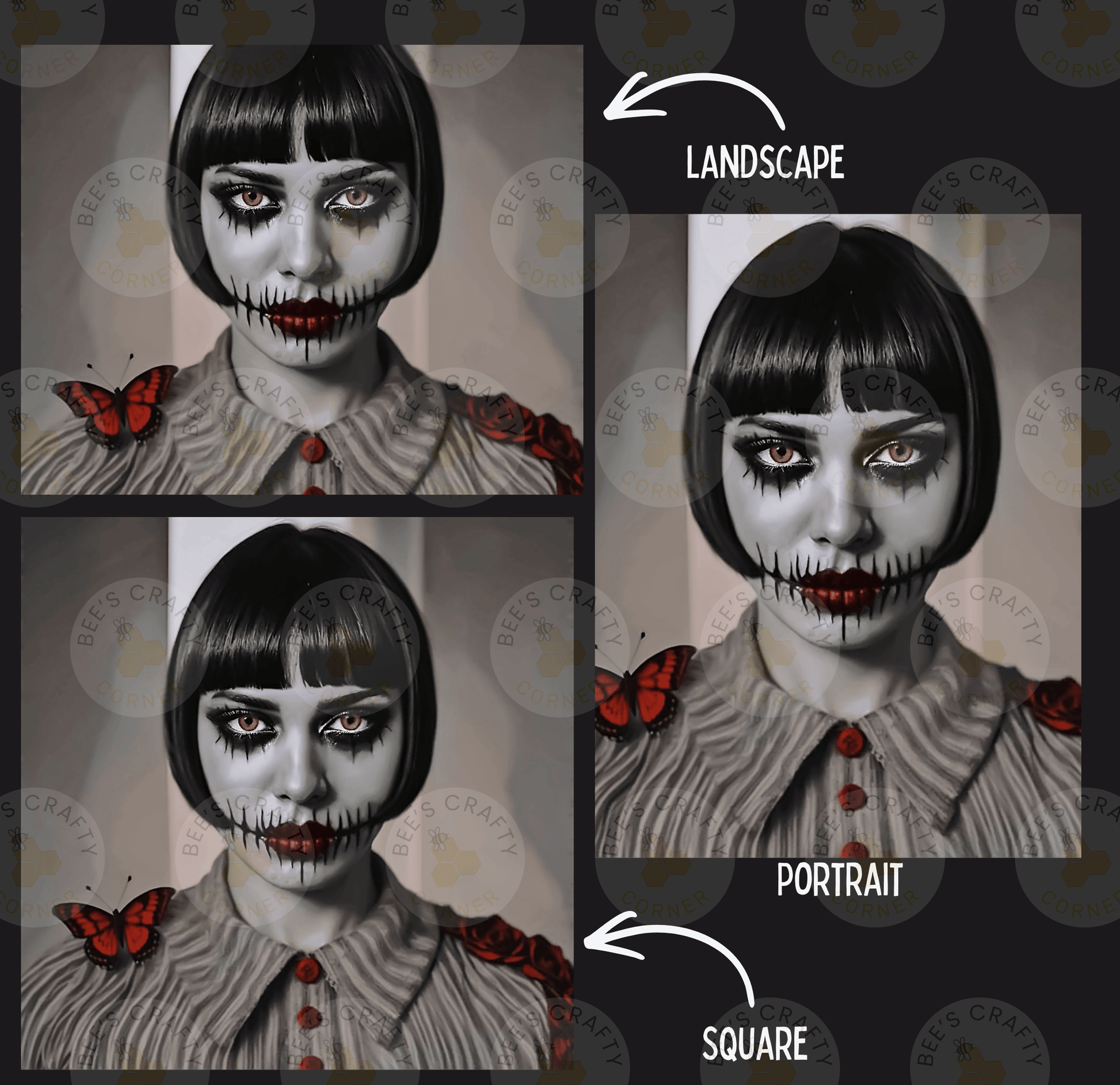 The image is a collage of three images depicting a person with a painted face, wearing a striped shirt with red flowers, and butterflies on their shoulders. The images are labeled as "LANCASTE", "PORTRAIT", and "SQUARE".