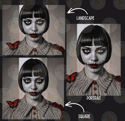 The image is a collage of three images depicting a person with a painted face, wearing a striped shirt with red flowers, and butterflies on their shoulders. The images are labeled as "LANCASTE", "PORTRAIT", and "SQUARE".