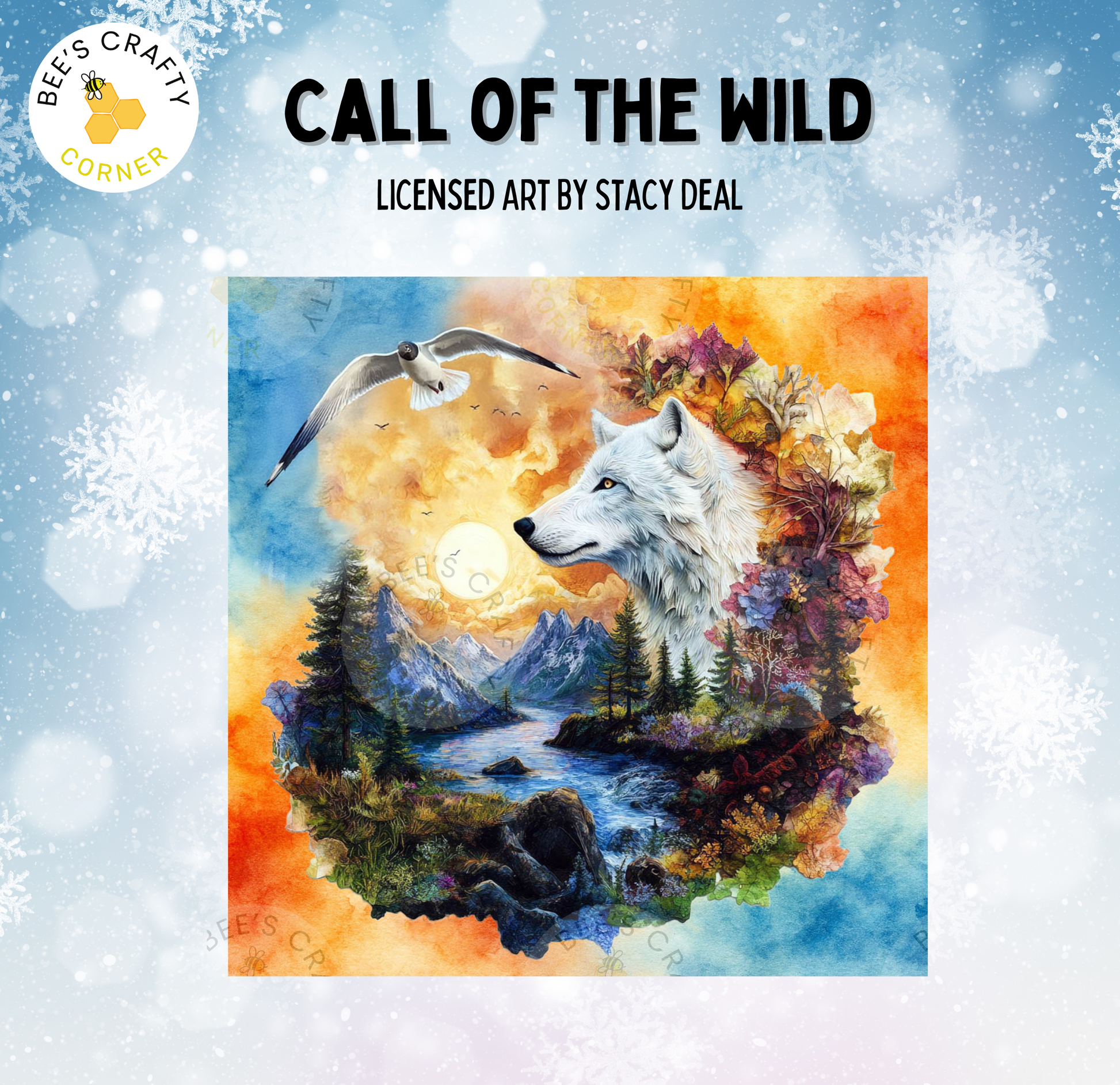The image is a vibrant painting depicting a wolf surrounded by a forest landscape, with a bird flying overhead. The painting is titled "Call of the Wild" and is a licensed piece of art by the artist.