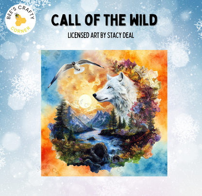 The image is a vibrant painting depicting a wolf surrounded by a forest landscape, with a bird flying overhead. The painting is titled "Call of the Wild" and is a licensed piece of art by the artist.