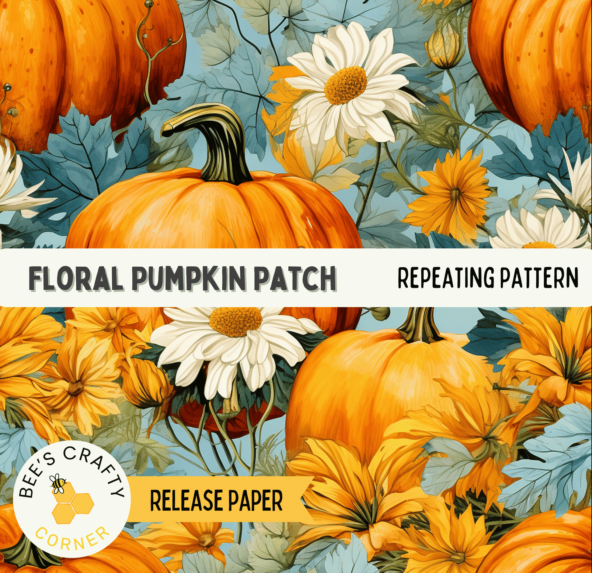 The image is a vibrant and colorful collage featuring a variety of autumnal elements, including pumpkins, daisies, and leaves. The overall composition is visually appealing and showcases the beauty of the season.