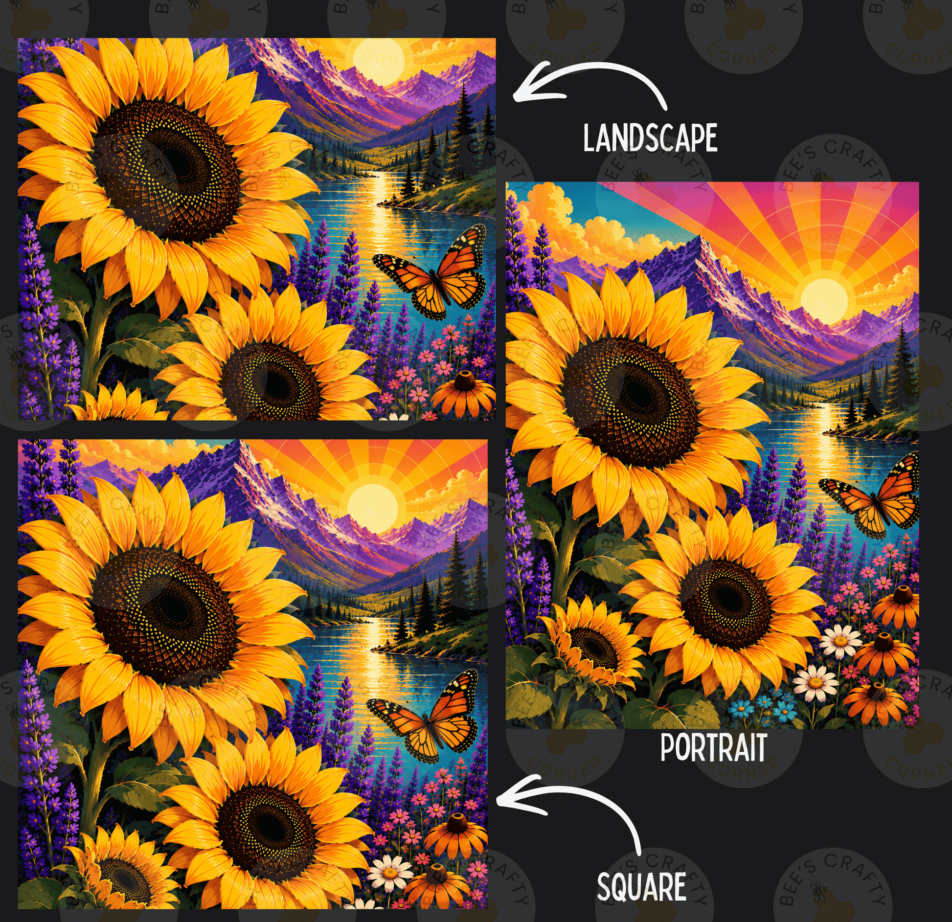 The image is a collage of three pictures depicting a landscape with sunflowers, butterflies, and mountains. The first picture is a landscape, the second is a portrait, and the third is a square.