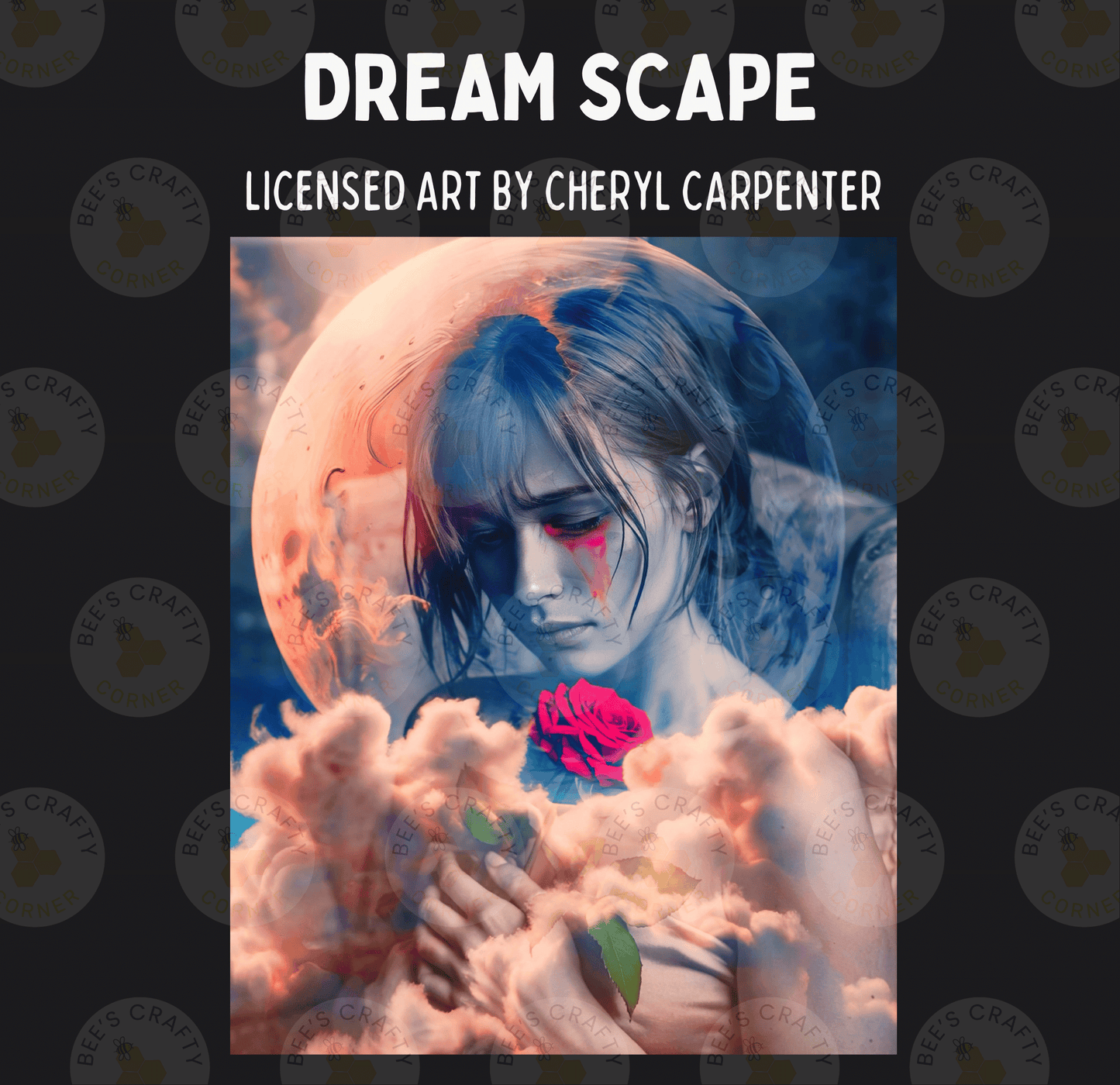 The image is a digital artwork titled "Dream Scape" by Cheryl Carpenter, featuring a close-up of a woman's face with a rose in her hand, set against a backdrop of clouds and a full moon.