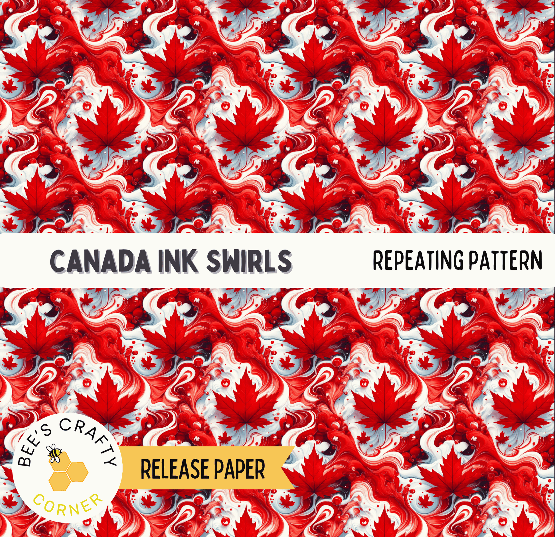 The image is a repeating pattern of red maple leaves on a white background, with the text "CANADA INK SWIRLS" and "REPEATING PATTERN" overlaid on the image.