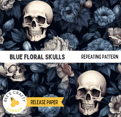The image is a repeating pattern of blue floral skulls against a dark background, with the text "Blue Floral Skulls" and "Repeating Pattern" visible.