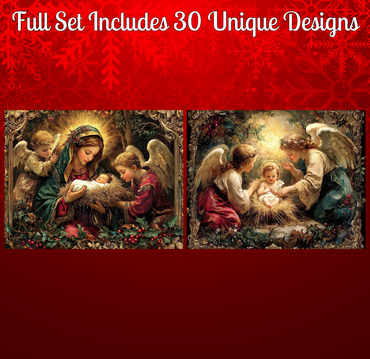 The image is a collage of two Christmas nativity scenes, featuring the Virgin Mary, baby Jesus, and angels in a red and gold color scheme.