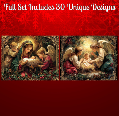 The image is a collage of two Christmas nativity scenes, featuring the Virgin Mary, baby Jesus, and angels in a red and gold color scheme.