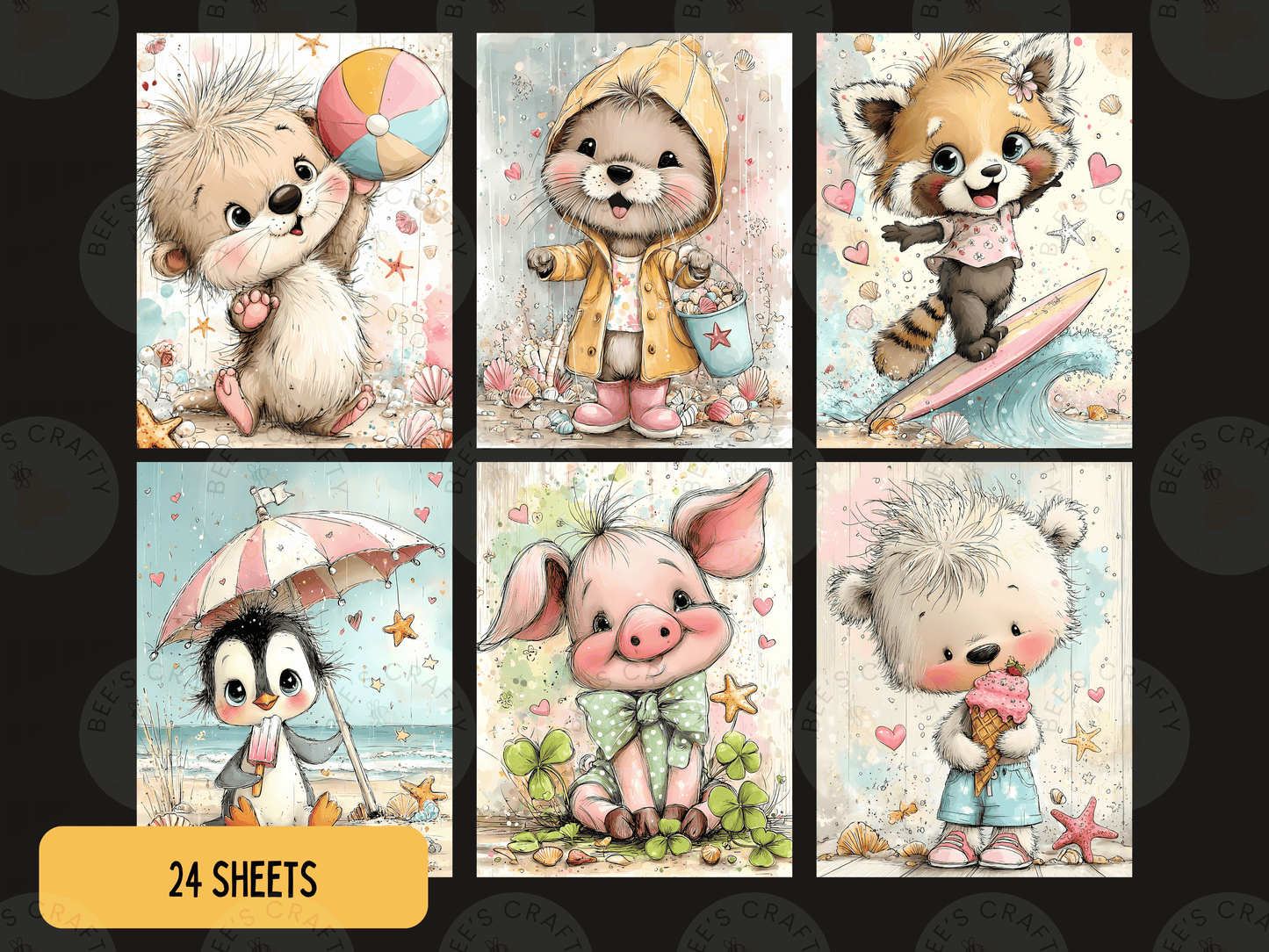 The image is a collage of six cute animal illustrations, each featuring a different animal and a unique scene. The animals include a penguin, a pig, a bear, a raccoon, a red panda, and a polar bear. The illustrations depict various activities and settings, such as playing with a ball, holding a bucket, riding a surfboard, and enjoying ice cream. The overall theme of the collage is whimsical and playful, with each animal and scene contributing to the overall charm and appeal of the collection.