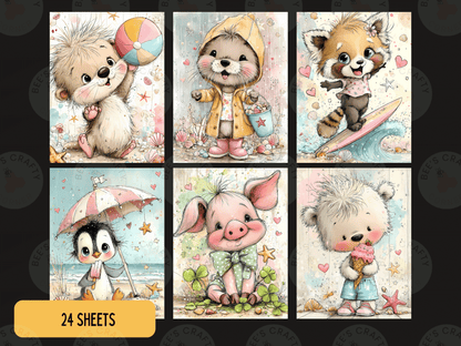 The image is a collage of six cute animal illustrations, each featuring a different animal and a unique scene. The animals include a penguin, a pig, a bear, a raccoon, a red panda, and a polar bear. The illustrations depict various activities and settings, such as playing with a ball, holding a bucket, riding a surfboard, and enjoying ice cream. The overall theme of the collage is whimsical and playful, with each animal and scene contributing to the overall charm and appeal of the collection.
