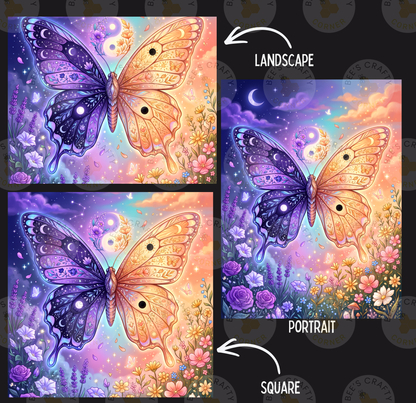 The image is a collage of three pictures depicting a butterfly with a night sky background. The first picture shows the butterfly in a landscape setting, the second picture is a portrait of the butterfly, and the third picture is a square of the butterfly against a night sky background.