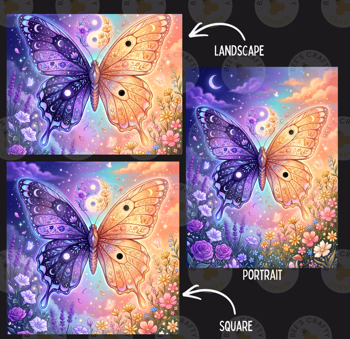 The image is a collage of three pictures depicting a butterfly with a night sky background. The first picture shows the butterfly in a landscape setting, the second picture is a portrait of the butterfly, and the third picture is a square of the butterfly against a night sky background.