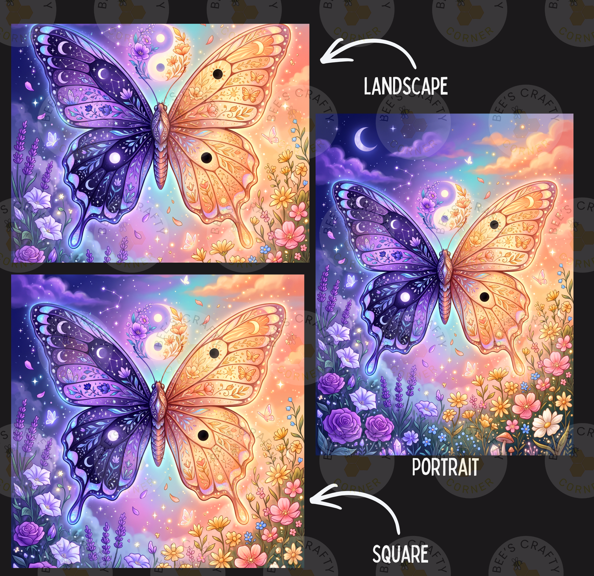 The image is a collage of three pictures depicting a butterfly with a night sky background. The first picture shows the butterfly in a landscape setting, the second picture is a portrait of the butterfly, and the third picture is a square of the butterfly against a night sky background.