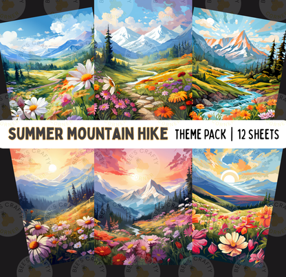 The image is a theme pack of 12 landscape paintings depicting various scenes of a summer mountain hike. The paintings feature vibrant colors, flowers, and mountains, creating a picturesque and serene atmosphere.