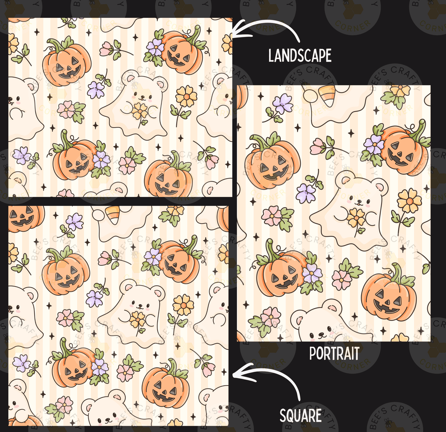 a repeating pattern of Halloween-themed elements, including pumpkins, ghost, flowers, and bears. The pattern is divided into three sections, each with a different style of arrangement. The top section features a landscape-style arrangement, the middle section has a portrait-style arrangement, and the bottom section has a square-style arrangement. The image is labeled with the words "LANDSCAPE", "PORTRAIT", and "SQUARE" to describe the different styles of arrangement.