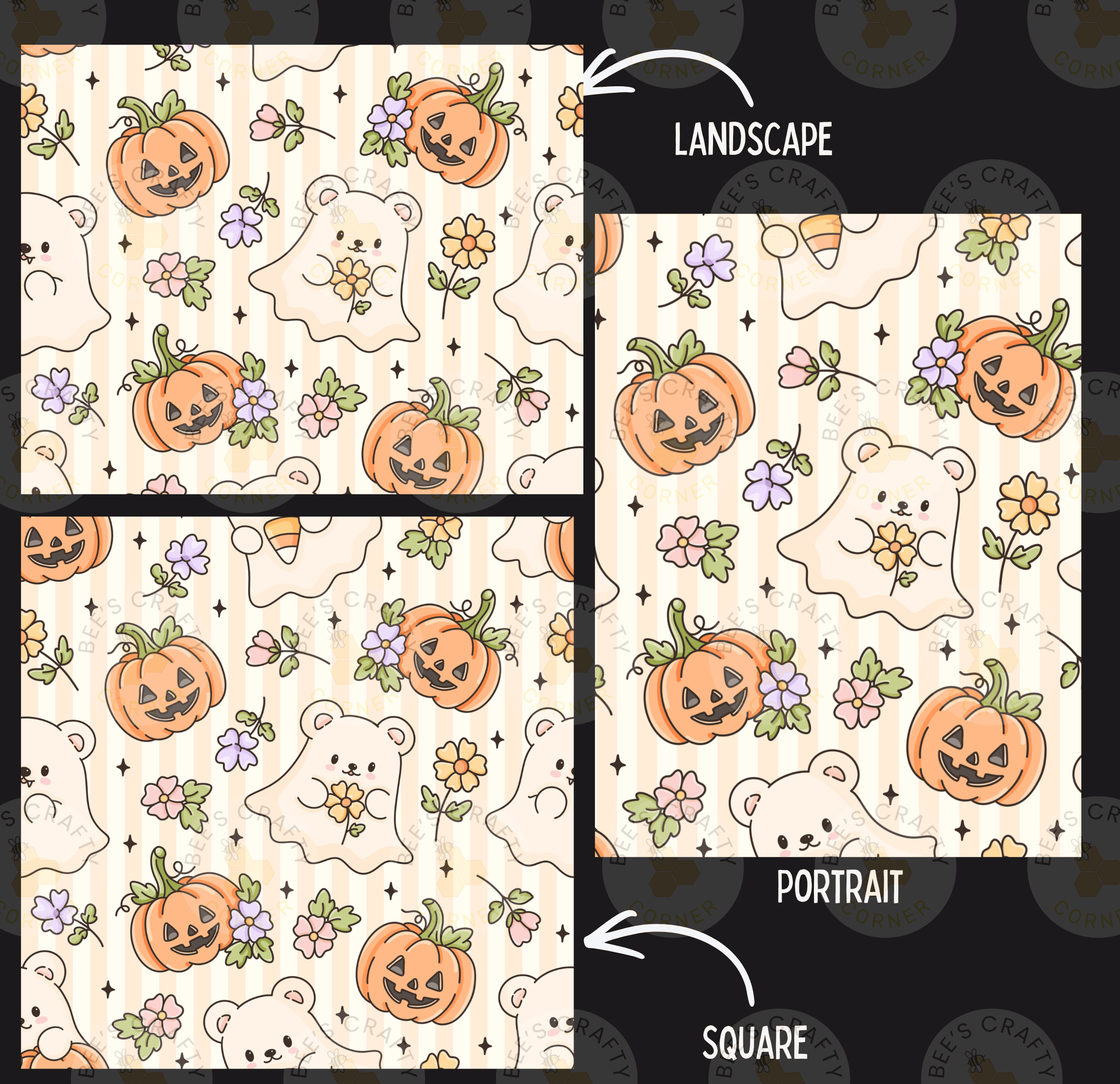 a repeating pattern of Halloween-themed elements, including pumpkins, ghost, flowers, and bears. The pattern is divided into three sections, each with a different style of arrangement. The top section features a landscape-style arrangement, the middle section has a portrait-style arrangement, and the bottom section has a square-style arrangement. The image is labeled with the words "LANDSCAPE", "PORTRAIT", and "SQUARE" to describe the different styles of arrangement.