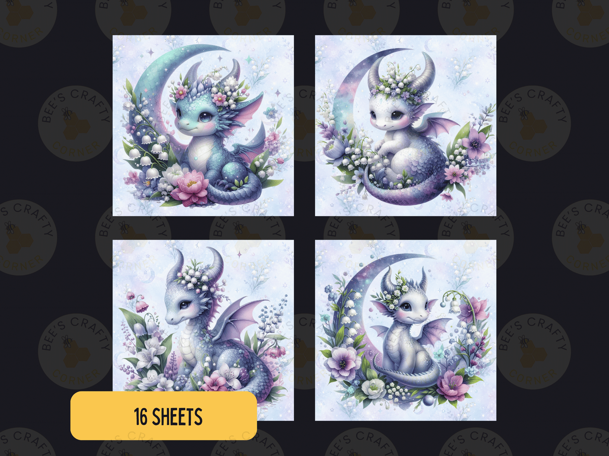 four square illustrations of fantastical creatures, each with unique features and floral decorations. The illustrations are arranged in a grid format, with four images in each row and two columns. The text "16 SHEETS" is displayed in the bottom right corner of the image.