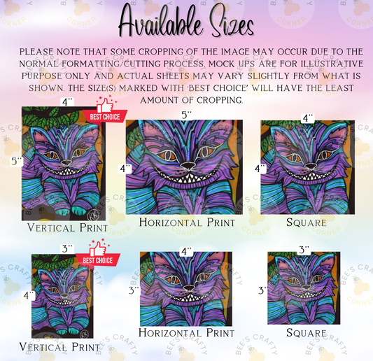 The image is a collage of six images featuring a colorful illustration of a cat with a mischievous expression. The cat appears to be a part of a larger artwork, as indicated by the text "Vertical Print" and "Horizontal Print" descriptions. The images are arranged in a grid format, with each one showcasing a different size and orientation. The text provides information about the sizes of the images, with the best choice being the one that has the least amount of cropping.