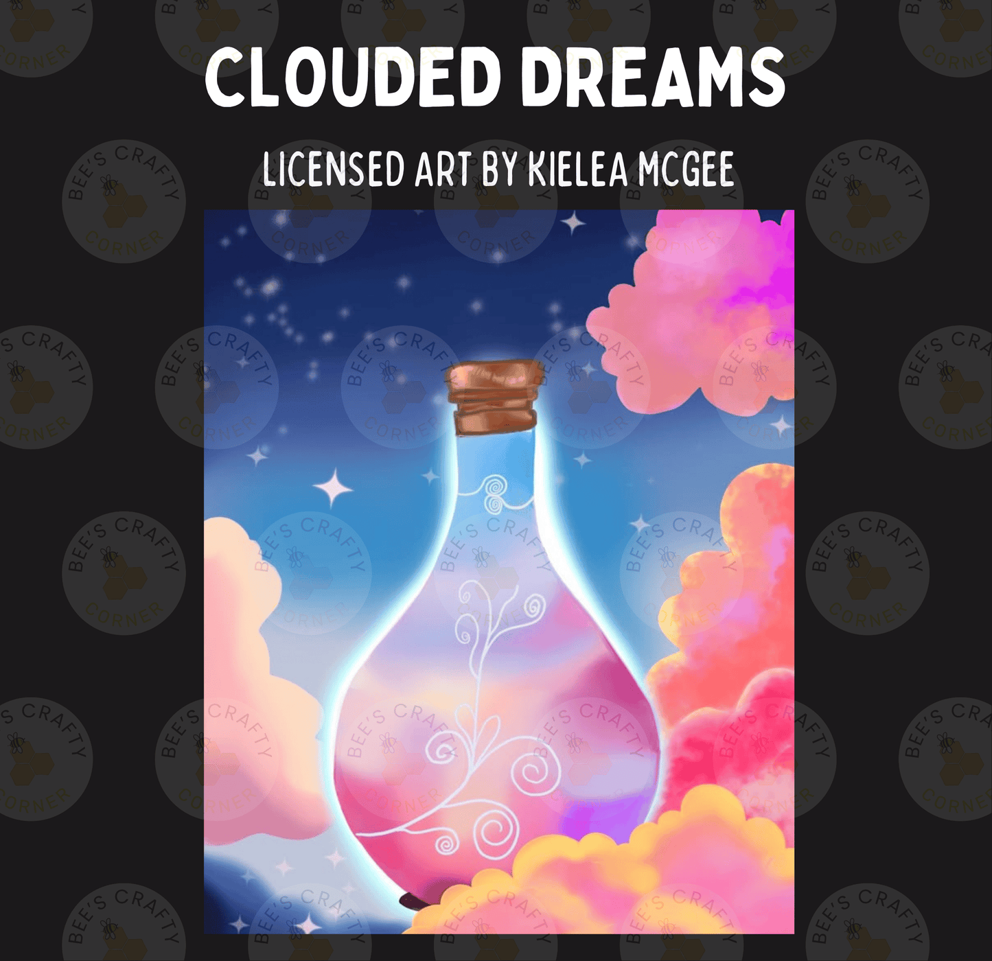 The image is a digital illustration featuring a bottle with a cork stopper, surrounded by clouds and stars in a night sky.