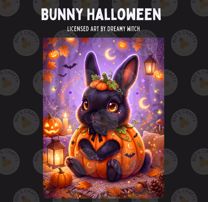 A whimsical illustration of a bunny wearing a pumpkin hat and sitting in a carved pumpkin, surrounded by Halloween decorations such as bats, pumpkins, and a spider web.