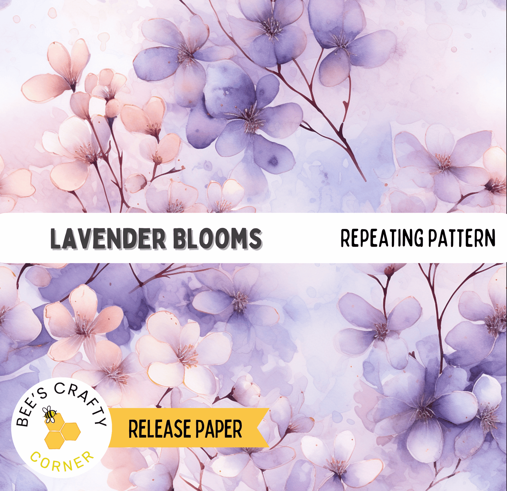 The image is a repeating pattern of lavender flowers, with the text "LAVENDER BLOOMS" and "REPEATING PATTERN" overlaid on the image.