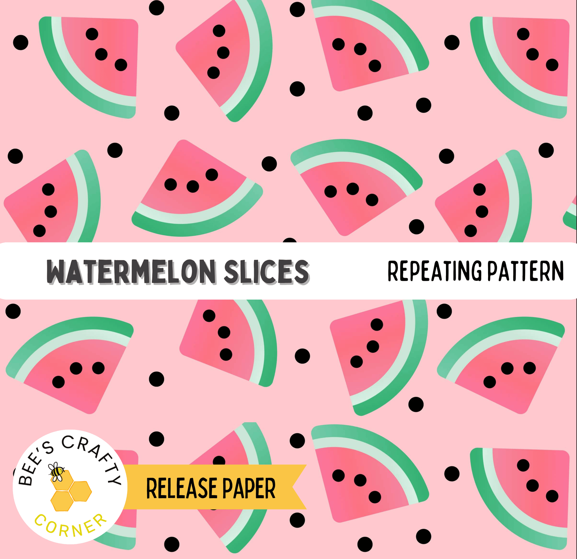 The image is a repeating pattern of watermelon slices on a pink background, with black dots scattered throughout.